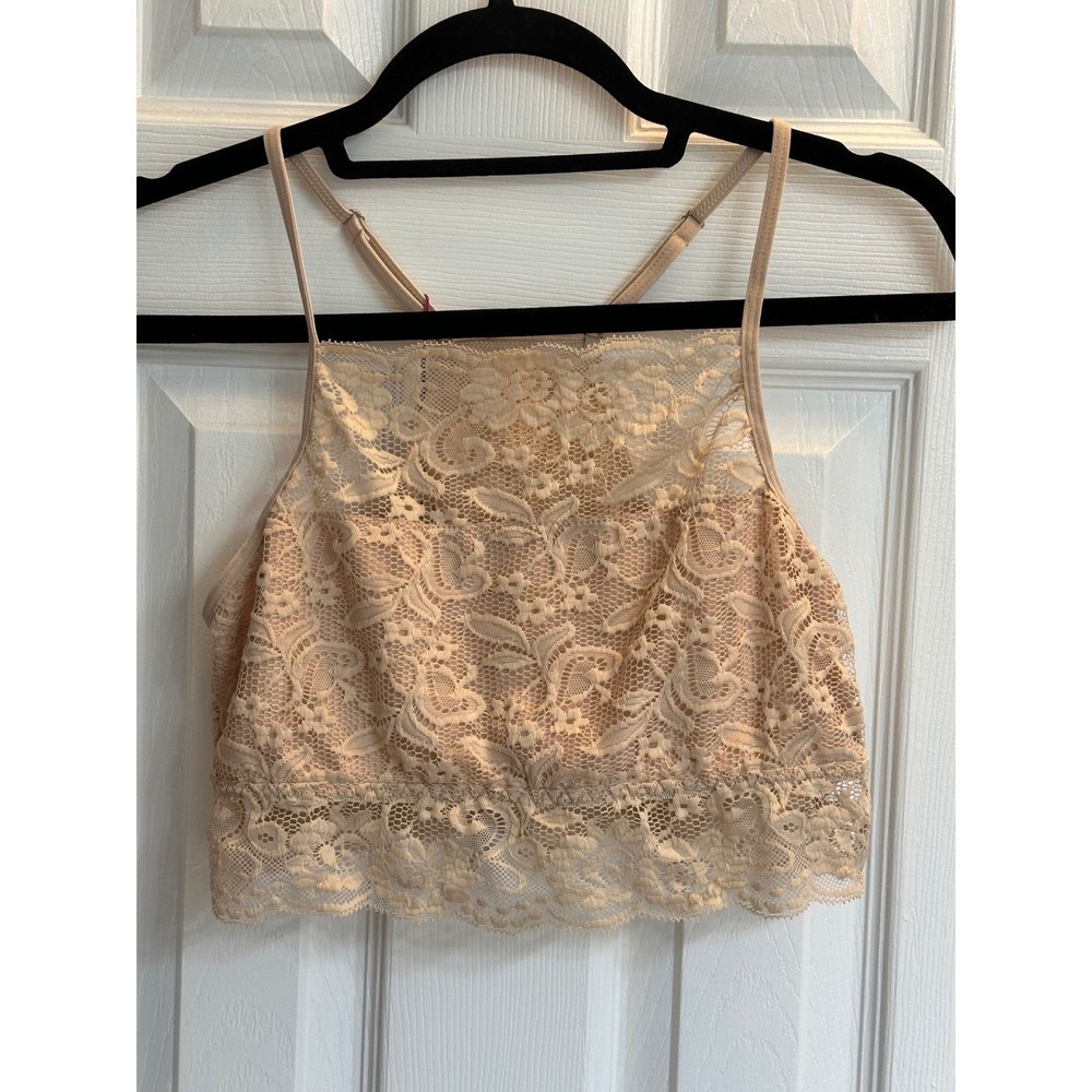 Avidlove Nude Floral Lace Bralette High Neck Halter Keyhole Back Beige Large NEW